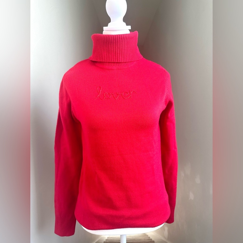 French Connection Red Turtleneck Embroidered "Lover" Sweater Medium Valentines